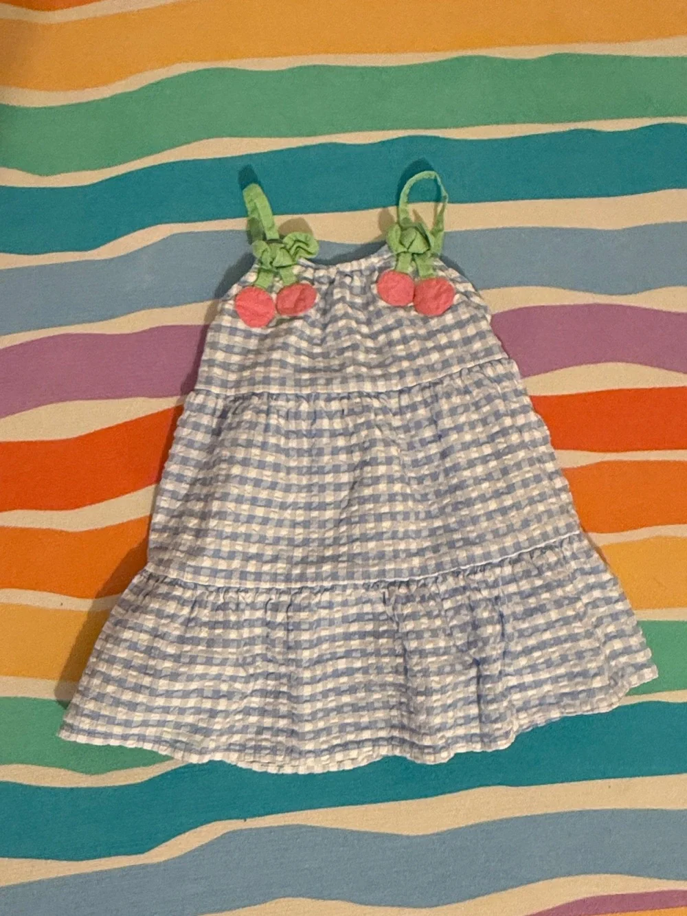 GAP Blue and White Gingham Sundress with Pink Cherry Appliqués